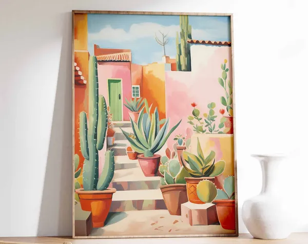 Vintage Mexican Cactus Art Print, Traditional Floral