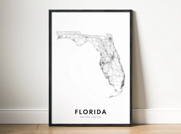 Florida State Map Print, Black and White Travel Poster