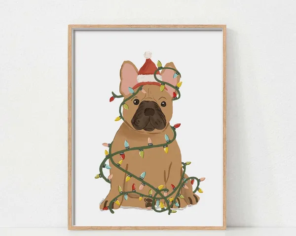 French Bulldog Christmas Art Print, Festive Dog Illustration