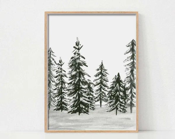 Winter Pine Trees Art Print, Neutral Christmas Decor