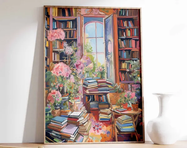 Vintage Library Poster, Book Lovers Reading Art Print