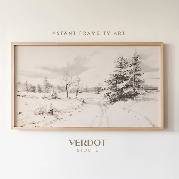 Vintage Winter Landscape Art Print, Neutral Christmas Decor