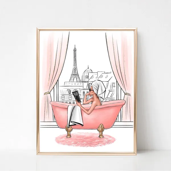 Girl in Bathroom Paris Art Print, Fashion Sketch