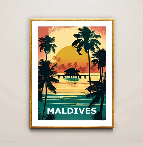 Maldives Beach Palm Trees and Bungalow Travel Poster