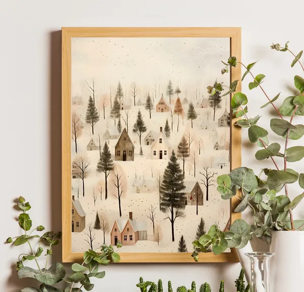 Village Christmas Poster, Snowy Winter House Print