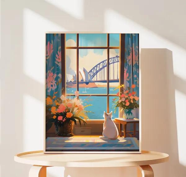 Sydney Opera House Cat Art Print, Australia Love