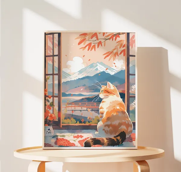 Cute Cat Art Print, Mount Fuji Japan Gift