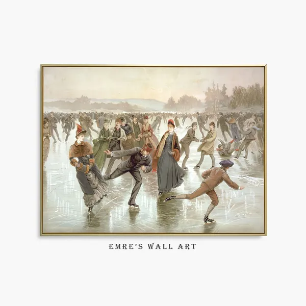 Ice Skaters Vintage Holiday Art Print, Winter Scene