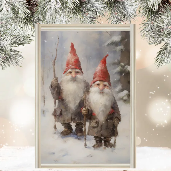 Gnomes at Christmas Art Print, Holiday Wall Decor