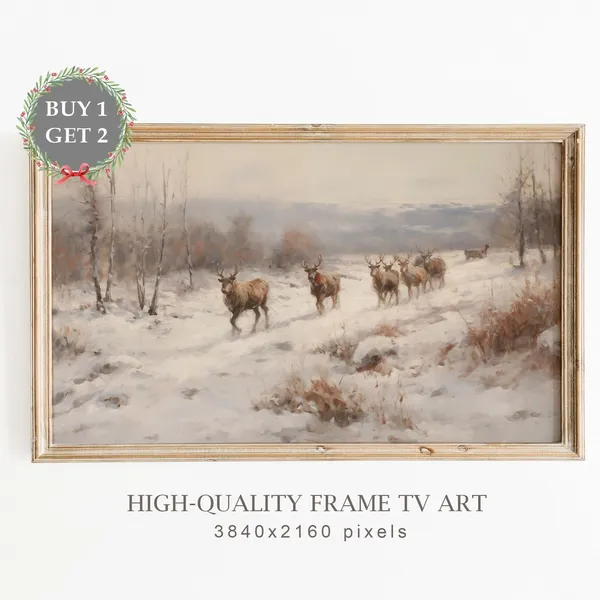 Christmas Reindeer Walking Through Snowy Landscape