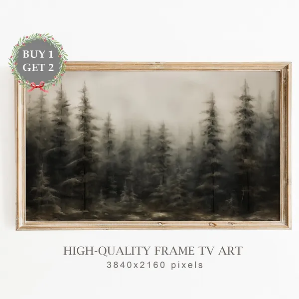 Vintage Winter Forest Trees Art Print, Farmhouse