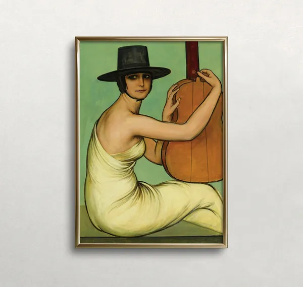 Woman With Guitar, Vintage Colorful Wall Art Print