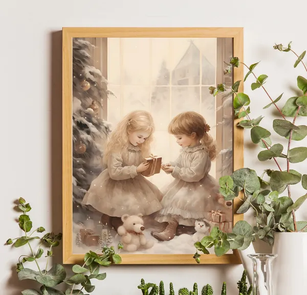 Christmas Little Girls Vintage Christmas Art Print