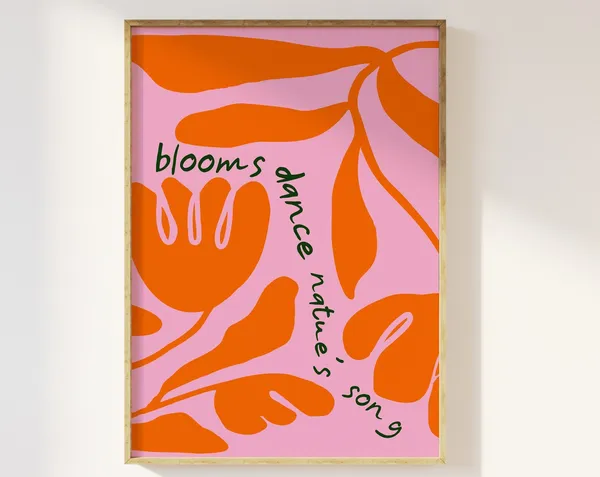 Abstract Red Pink Blooms 1970s Retro Floral Print