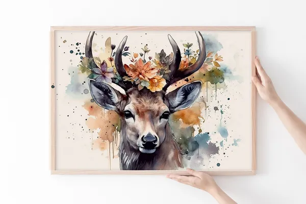 Watercolour Botanical Stag Art Print, Autumn Nature