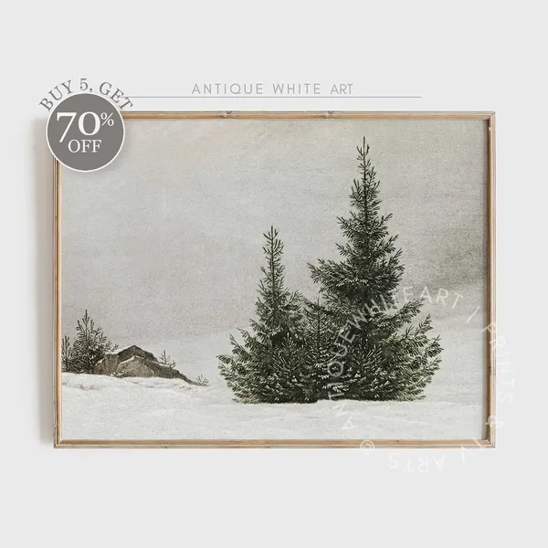 Vintage Winter Fir Trees Art Print, Farmhouse Christmas