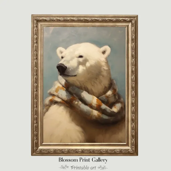 Polar Bear Portrait Vintage Christmas Art Print