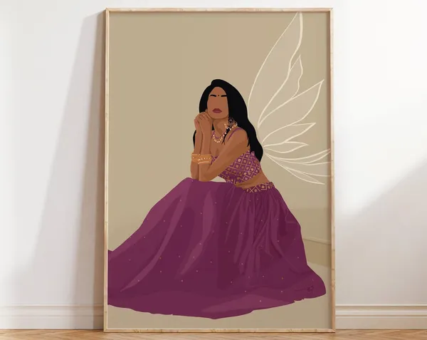 Indian Woman Butterfly Art Print, Desi Wall Art
