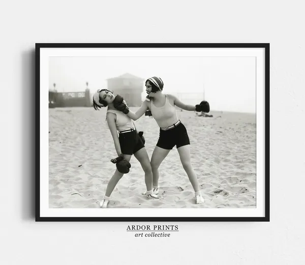 Women Boxing At Beach Vintage Photography Art Print
