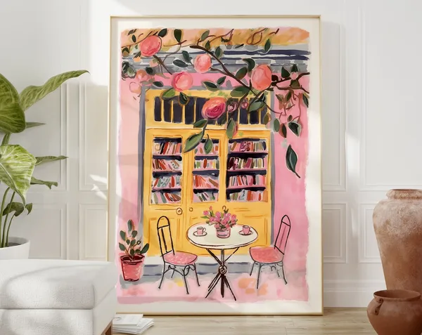 Pink Cafe Bookshop Bookworm Art Print
