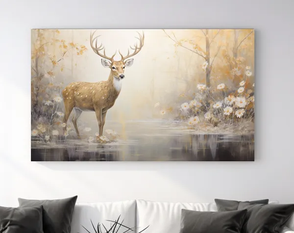 Golden Deer Painting Nature Print, Holiday Decor