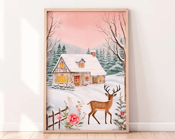 Festive Christmas Cottage Deer Art Print