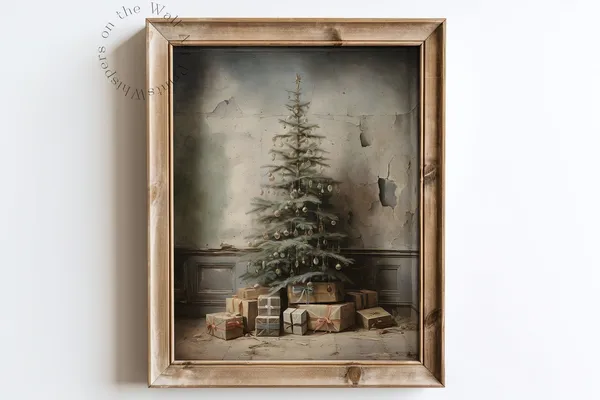 Rustic Christmas Tree Art Print, Dark Cottagecore