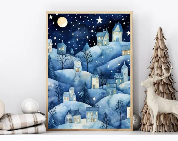 Winter Village Art Print, Starry Christmas Town