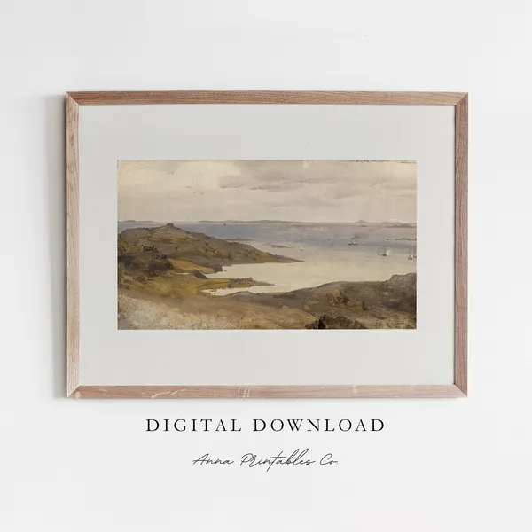 Copper Landscape Hillside And Lake Vintage Oil Print