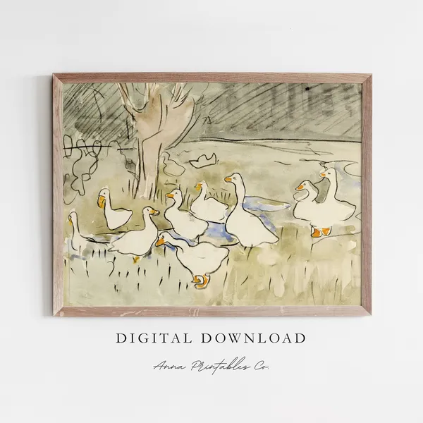 Ducks By The Creekside Vintage Watercolor Art Print