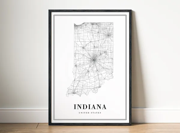 Indiana State Map Poster, Black and White Travel Print