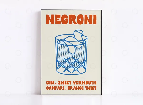 Negroni Cocktail Retro Poster, Mid-Century Modern Bar