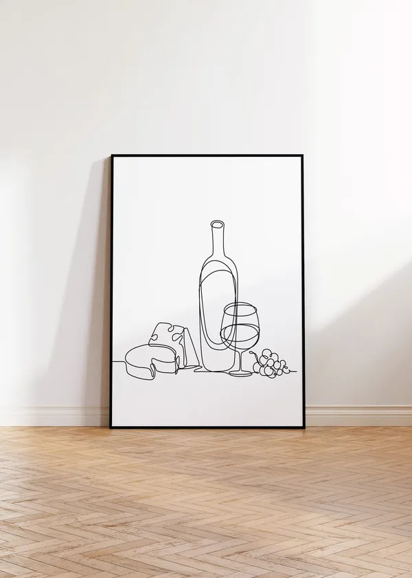 Wine Cheese Grapes Line Art Poster, Minimalist