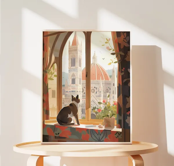 Cute Cat Florence Cathedral, Cat Mom Gift Art Print