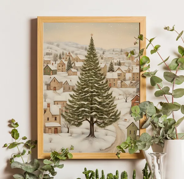 Vintage Christmas Town Art Print, Cottagecore Decor
