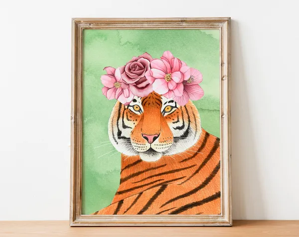 Floral Tiger Jungle Wall Art Print, Kids Room