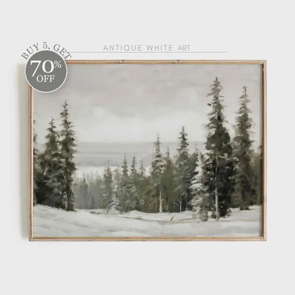 Snowy Winter Pine Forest Art Print, Farmhouse