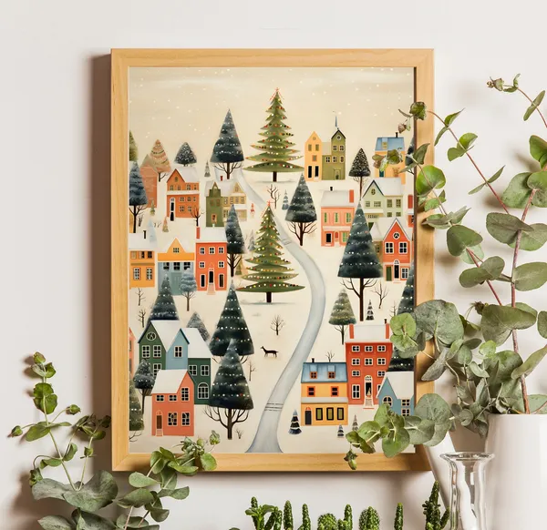 Xmas Winter Town Christmas Village Wall Art Print