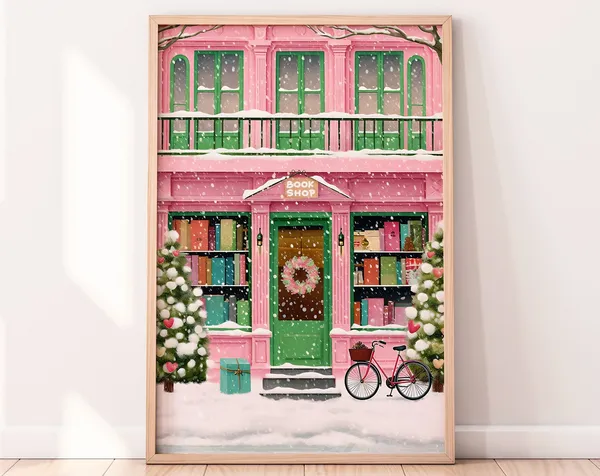 Snowy Christmas Bookshop, NYC Holiday Art Print