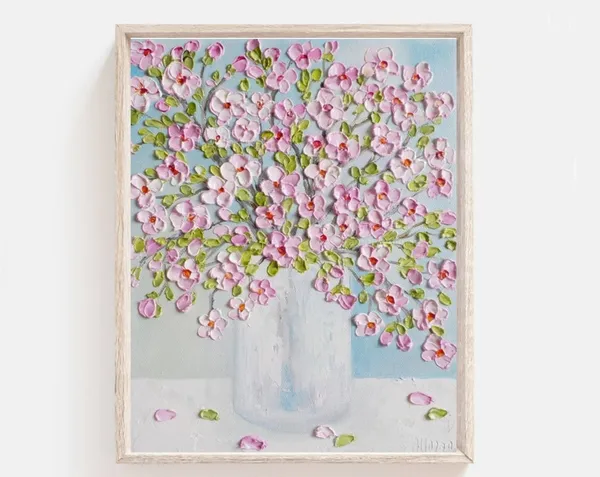 Cherry Blossom Oil Impasto Art Print, Botanical Decor