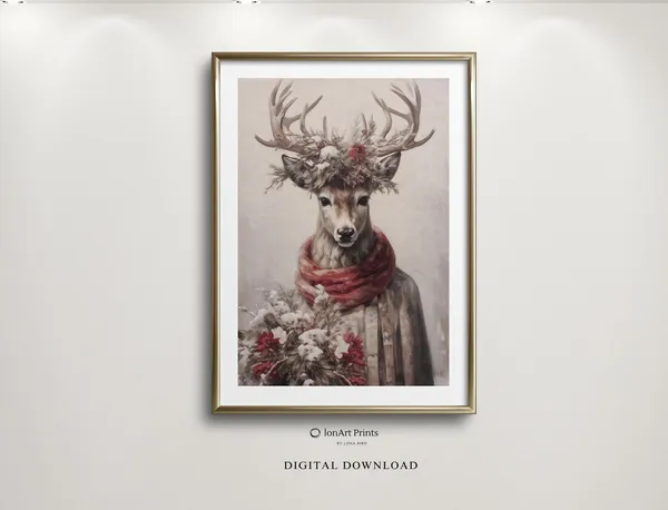 Vintage Fantasy Reindeer Portrait Art Print
