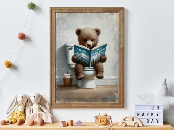 Bear Reading Book Nursery Art, Kids Bedroom Study Room