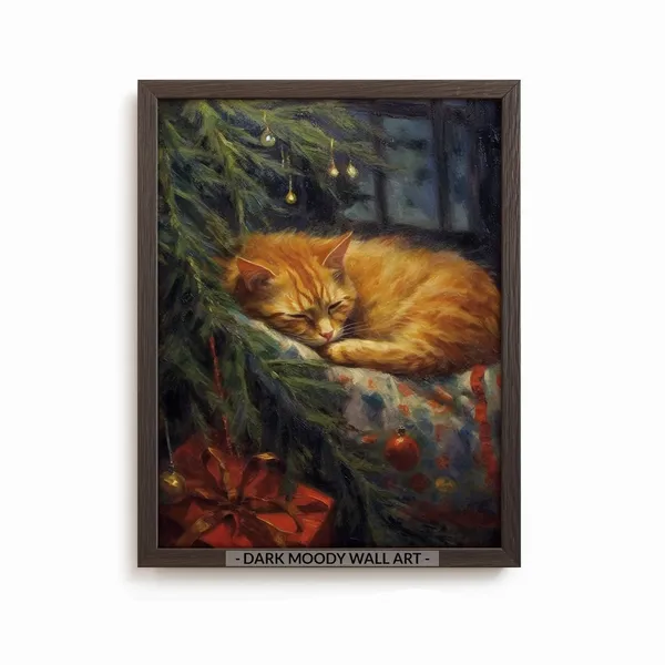 Sleeping Cat Painting, Vintage Christmas Art Print