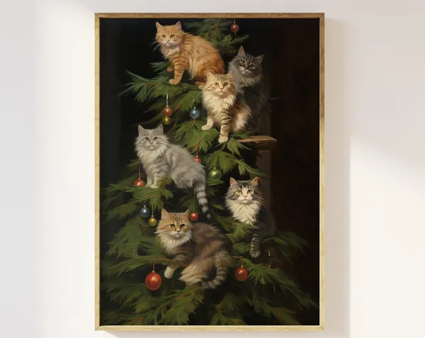 Cats Climbing Christmas Tree Art Print, Festive Humor