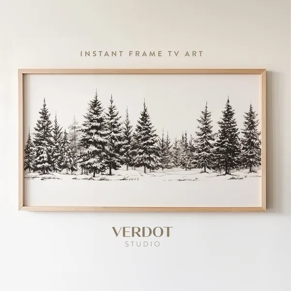 Black Winter Trees Art Print, Neutral Christmas Landscape