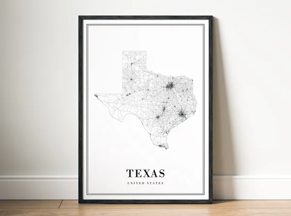 Texas State Map Print, Black and White Travel Poster