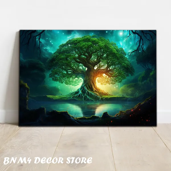 Green Life Of Tree Stained Window Wall Art Print