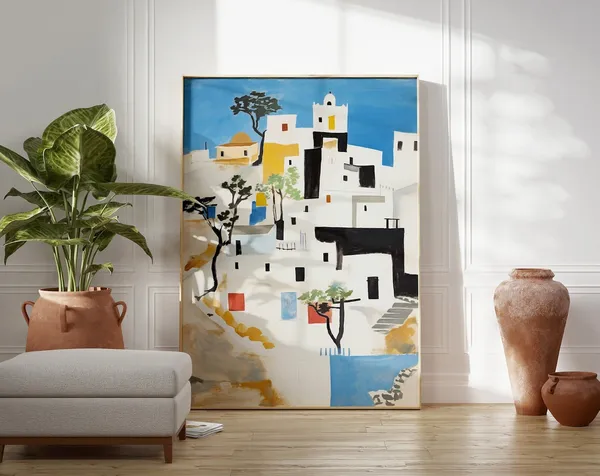 Santorini Beauty, Boho Minimal Coastal Art Print