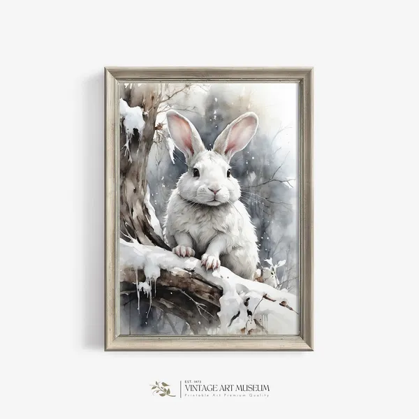 Cute Bunny Painting, Neutral Rustic Winter Art Print