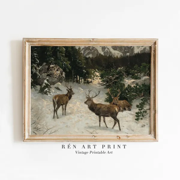 Vintage Reindeer Winter Mountain Art Print